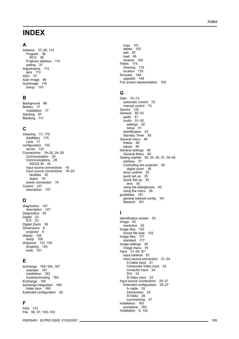 Index | Barco iQ Pro G500 User Manual | Page 191 / 195