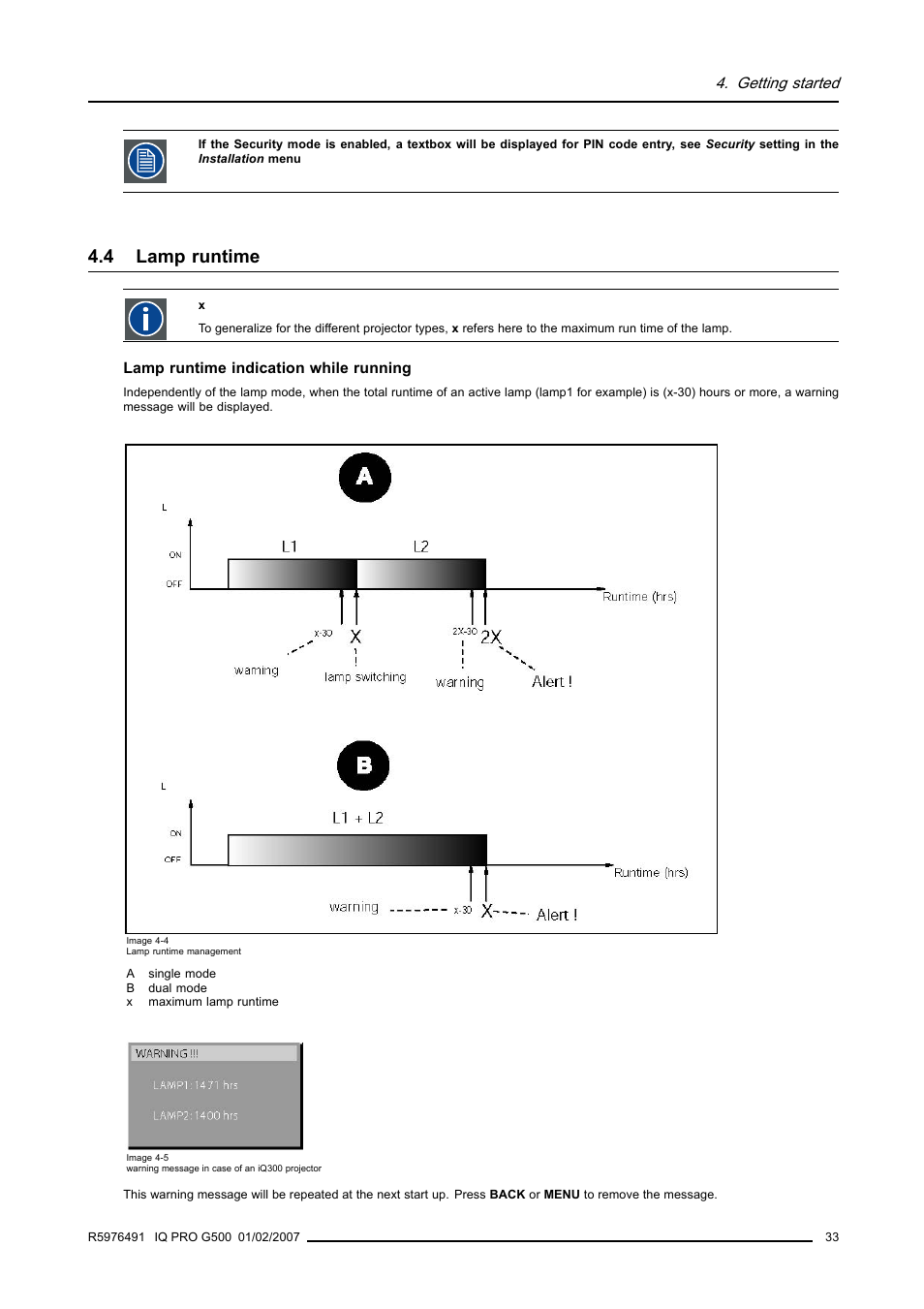 4 lamp runtime, Lamp runtime | Barco iQ Pro G500 User Manual | Page 39 / 195