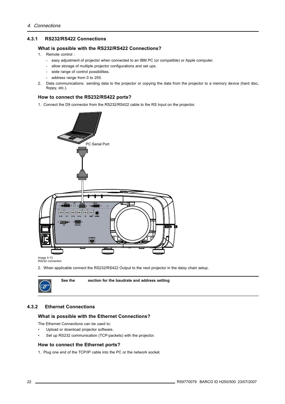 1 rs232/rs422 connections, 2 ethernet connections, Rs232/rs422 connections | Ethernet connections | Barco R9010570 User Manual | Page 26 / 106
