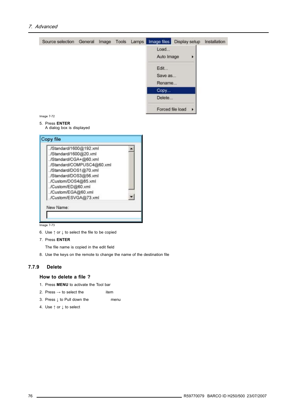 9 delete, Delete, Advanced | Barco R9010570 User Manual | Page 80 / 106
