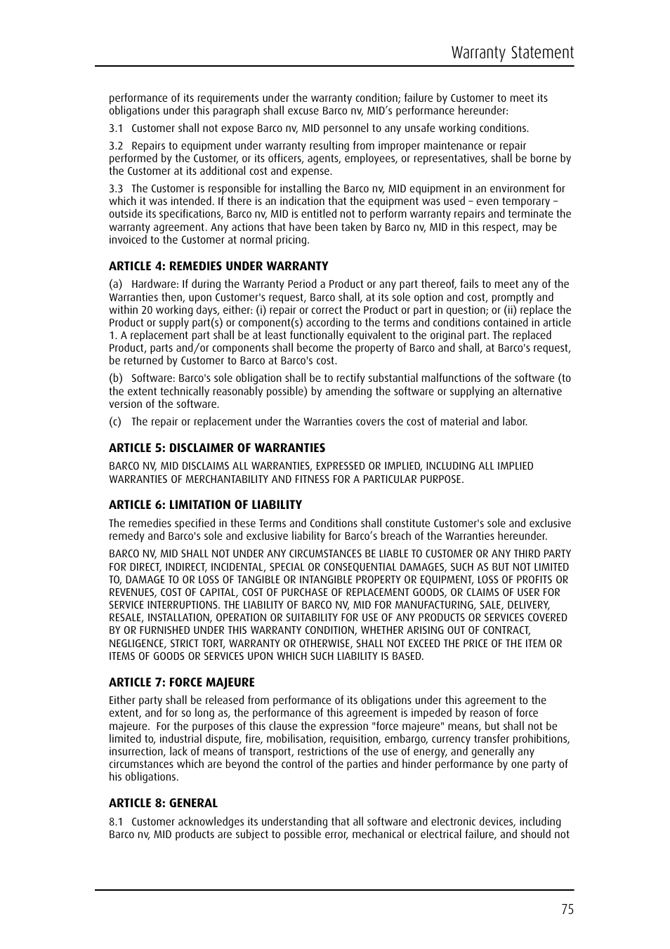 Warranty statement | Barco Coronis Fusion MDCC 6130 User Manual | Page 75 / 80