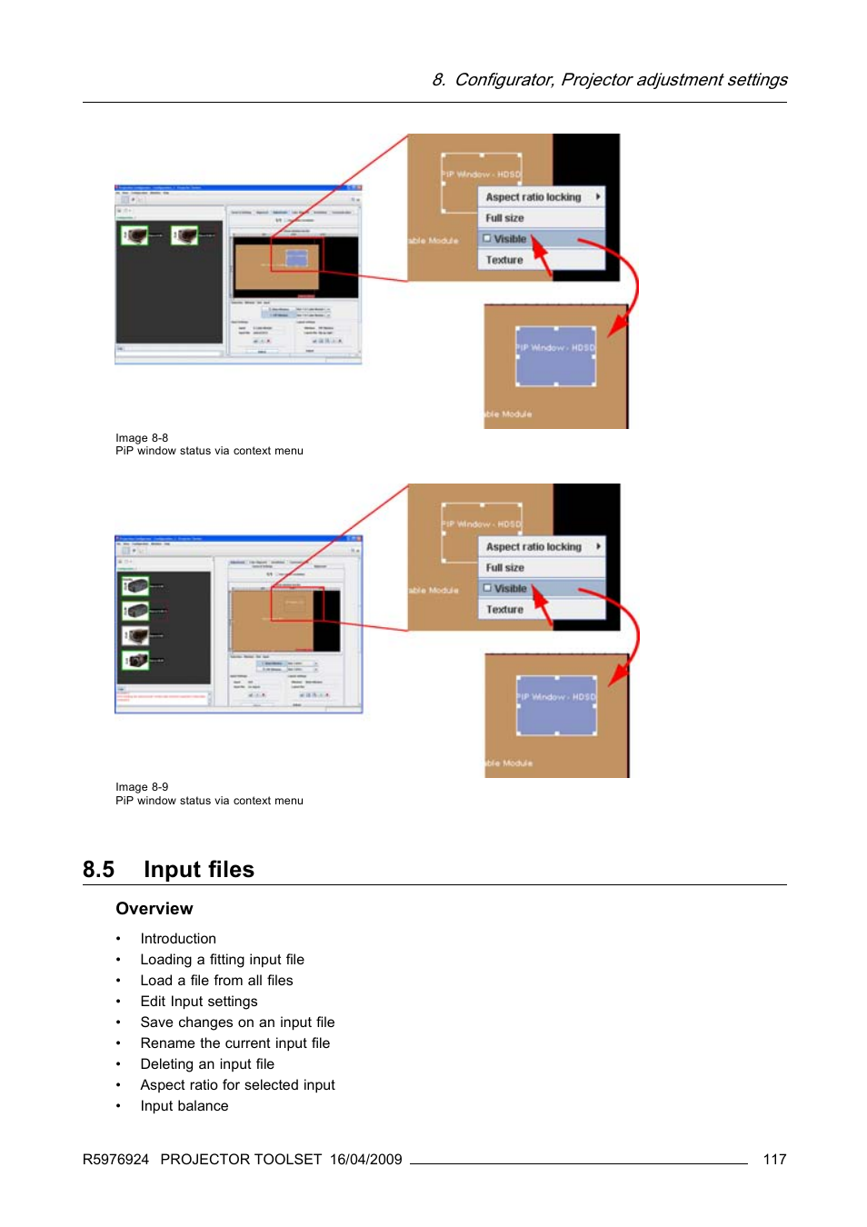 5 input files, Input files, Configurator, projector adjustment settings | Barco R5976924 User Manual | Page 121 / 245