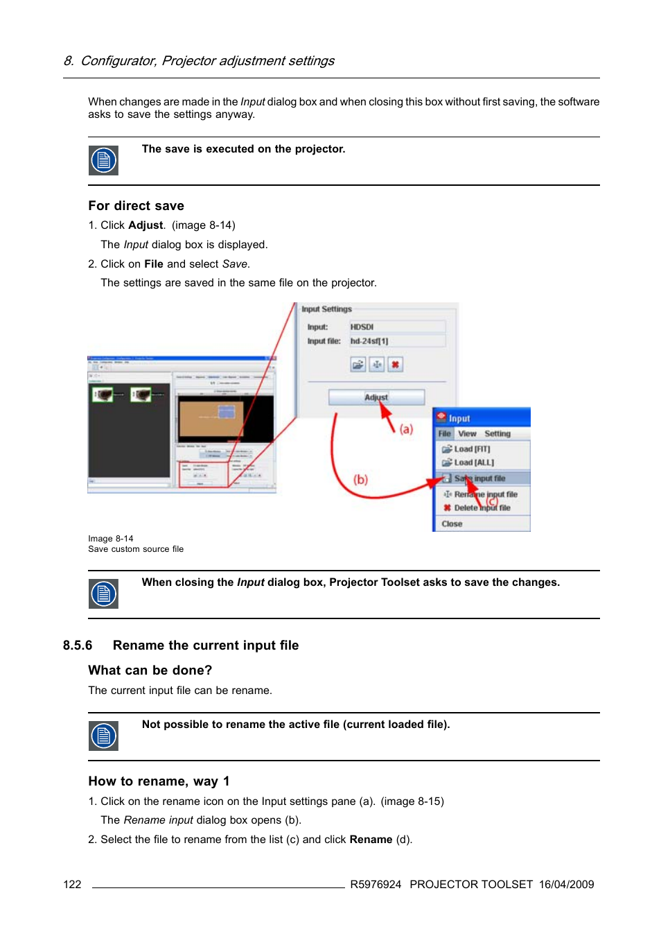 6 rename the current input file, Rename the current input file, Configurator, projector adjustment settings | Barco R5976924 User Manual | Page 126 / 245