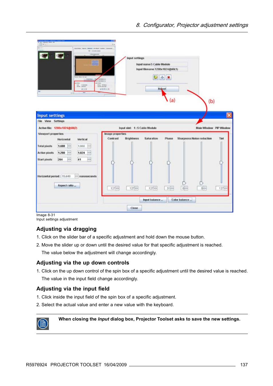 Configurator, projector adjustment settings | Barco R5976924 User Manual | Page 141 / 245