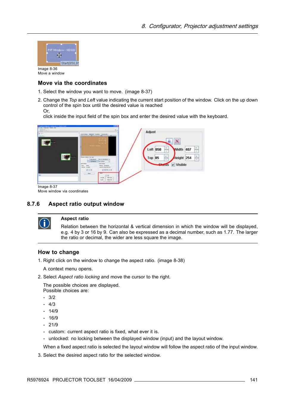 6 aspect ratio output window, Aspect ratio output window, Configurator, projector adjustment settings | Barco R5976924 User Manual | Page 145 / 245