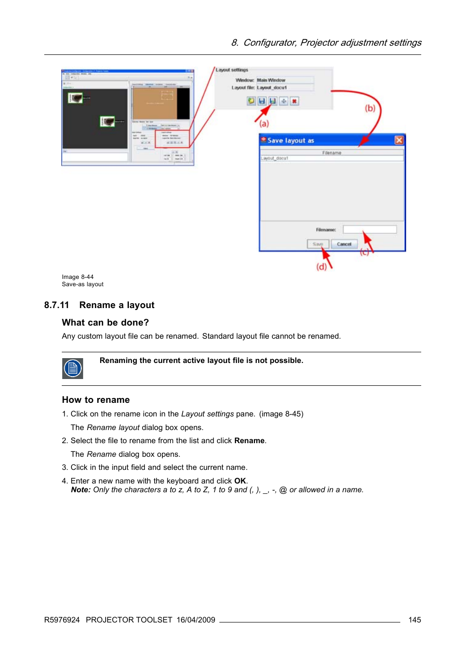 11 rename a layout, Rename a layout, Configurator, projector adjustment settings | Barco R5976924 User Manual | Page 149 / 245