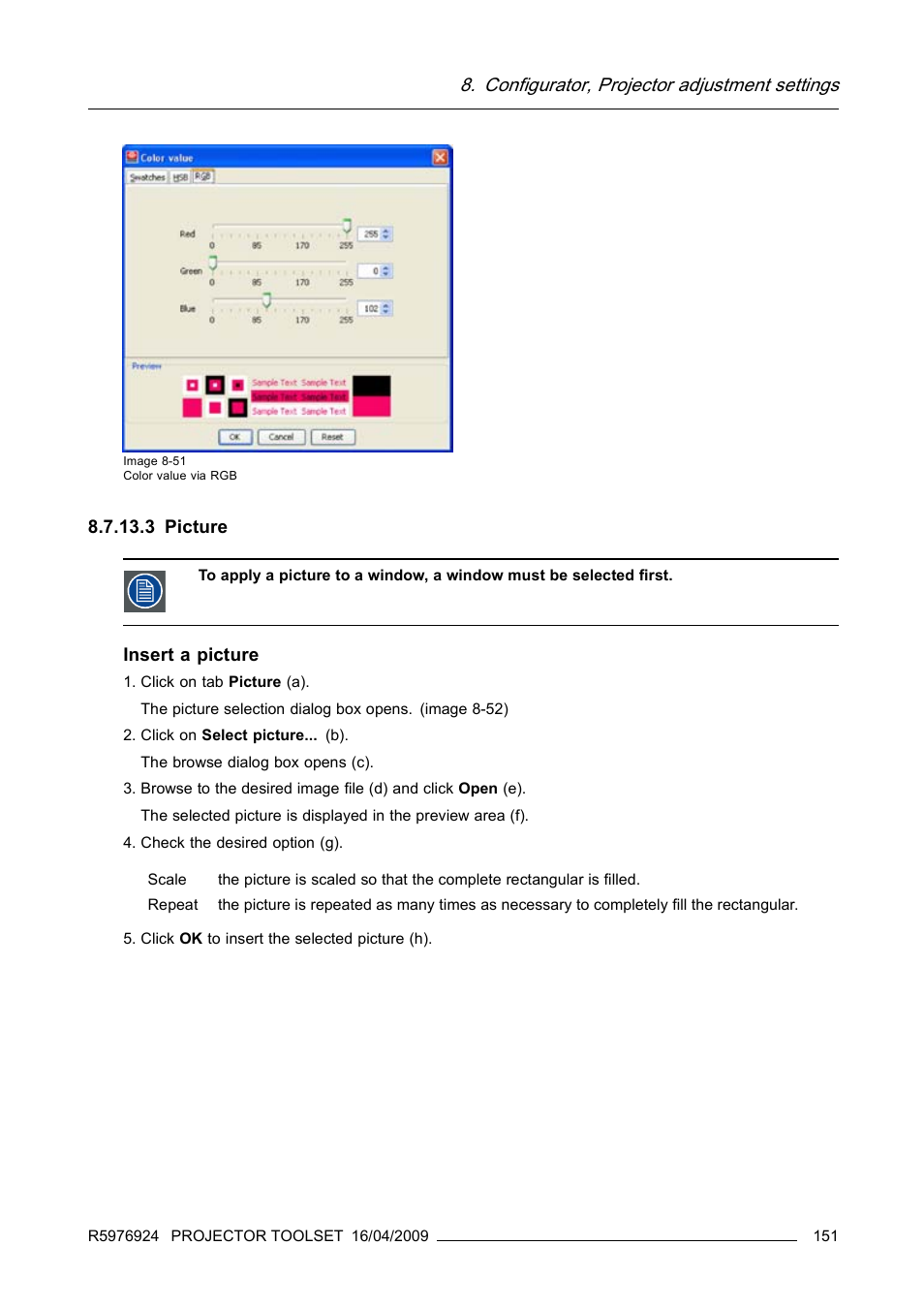 3 picture, Picture, Image 8-51) | Configurator, projector adjustment settings, Insert a picture | Barco R5976924 User Manual | Page 155 / 245