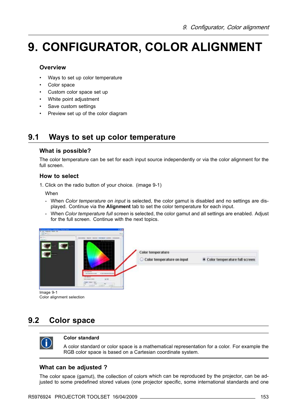 Configurator, color alignment, 1 ways to set up color temperature, 2 color space | Ways to set up color temperature, Color space | Barco R5976924 User Manual | Page 157 / 245