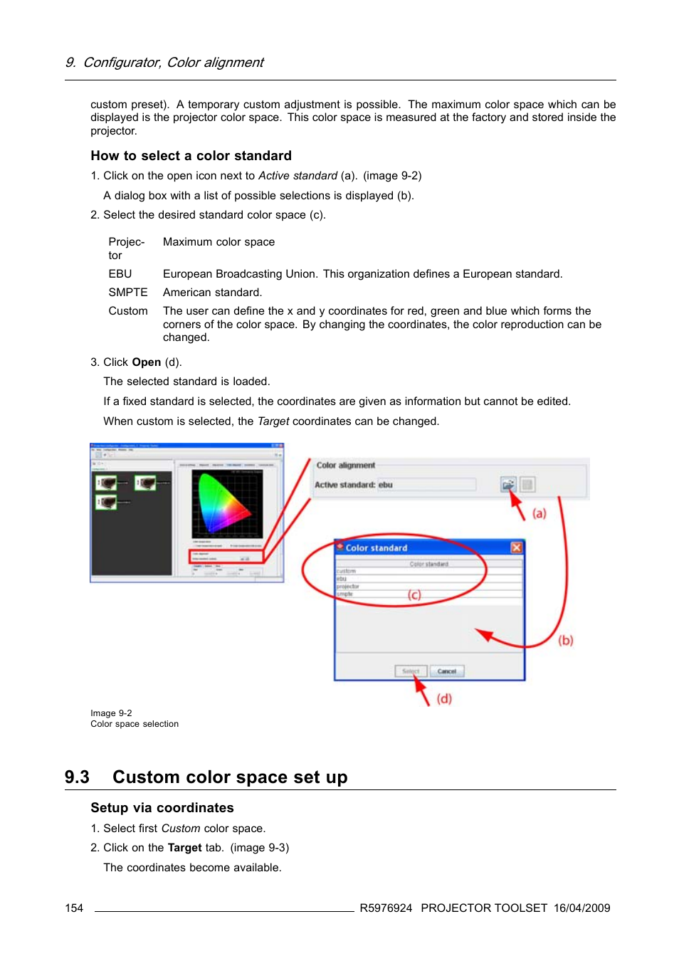 3 custom color space set up, Custom color space set up, Configurator, color alignment | Barco R5976924 User Manual | Page 158 / 245