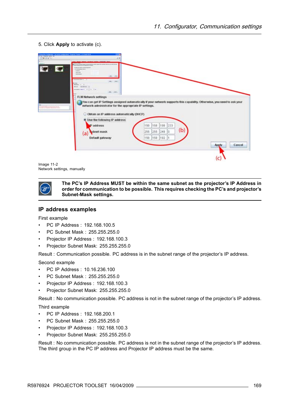 Configurator, communication settings, Ip address examples | Barco R5976924 User Manual | Page 173 / 245