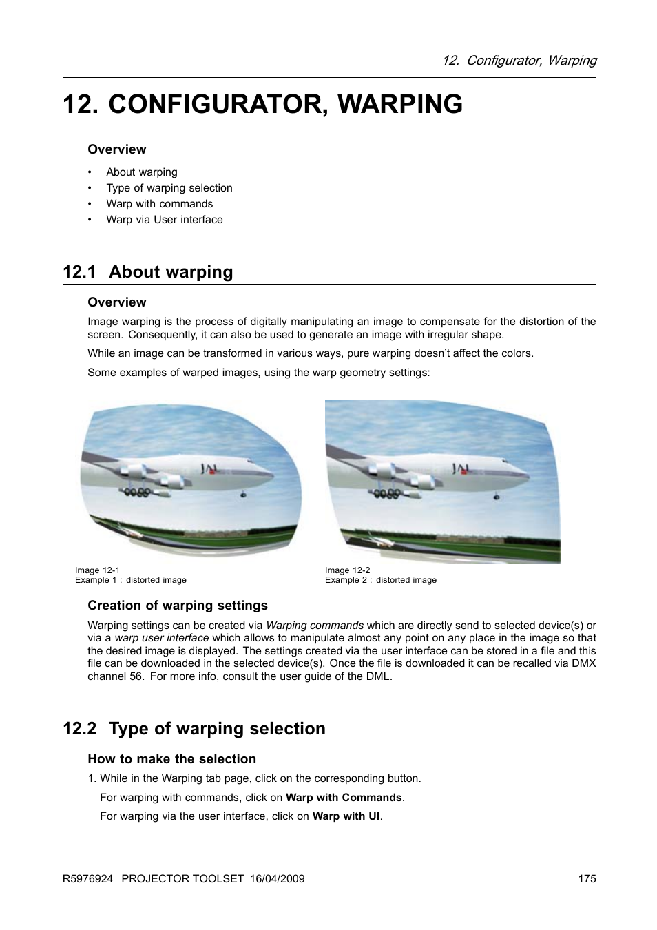 Configurator, warping, 1 about warping, 2 type of warping selection | 1 about warping 12.2 type of warping selection | Barco R5976924 User Manual | Page 179 / 245