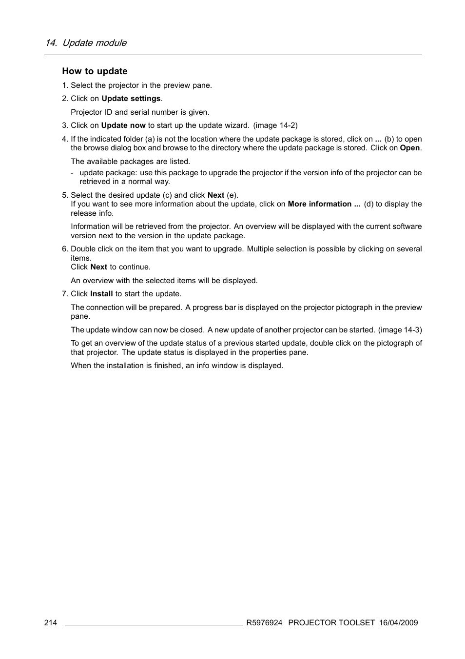 Update module, How to update | Barco R5976924 User Manual | Page 218 / 245