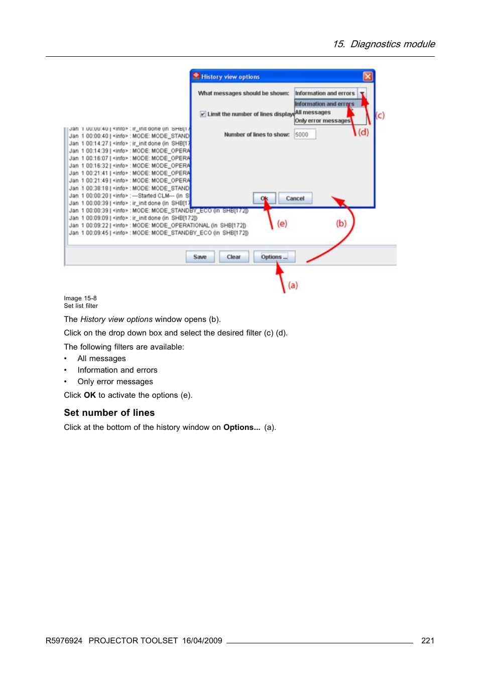 Diagnostics module, Set number of lines | Barco R5976924 User Manual | Page 225 / 245