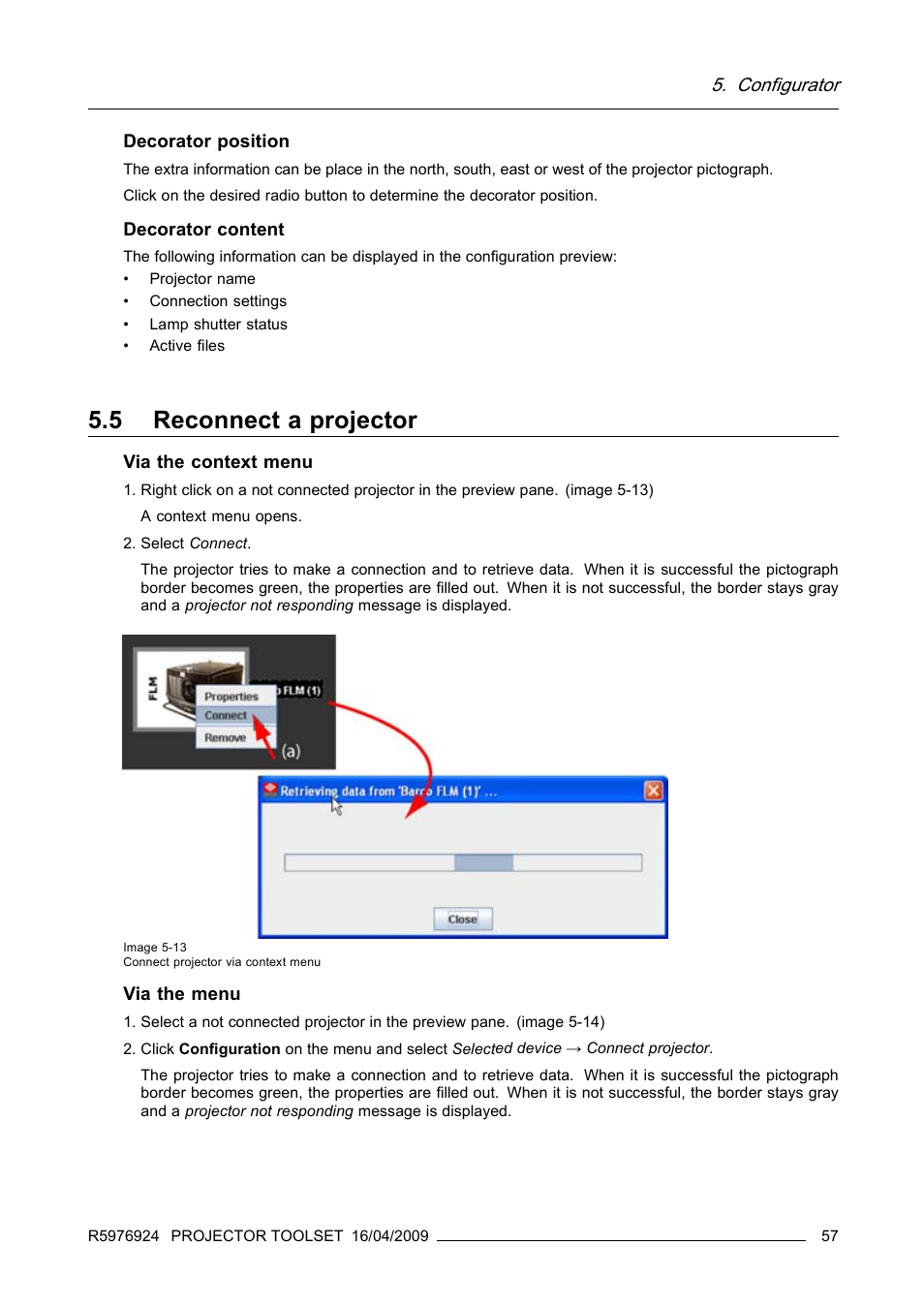 5 reconnect a projector, Reconnect a projector, Configurator | Barco R5976924 User Manual | Page 61 / 245