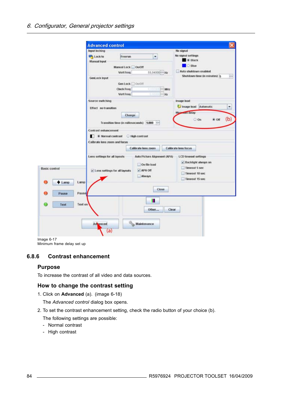6 contrast enhancement, Contrast enhancement, Configurator, general projector settings | Barco R5976924 User Manual | Page 88 / 245