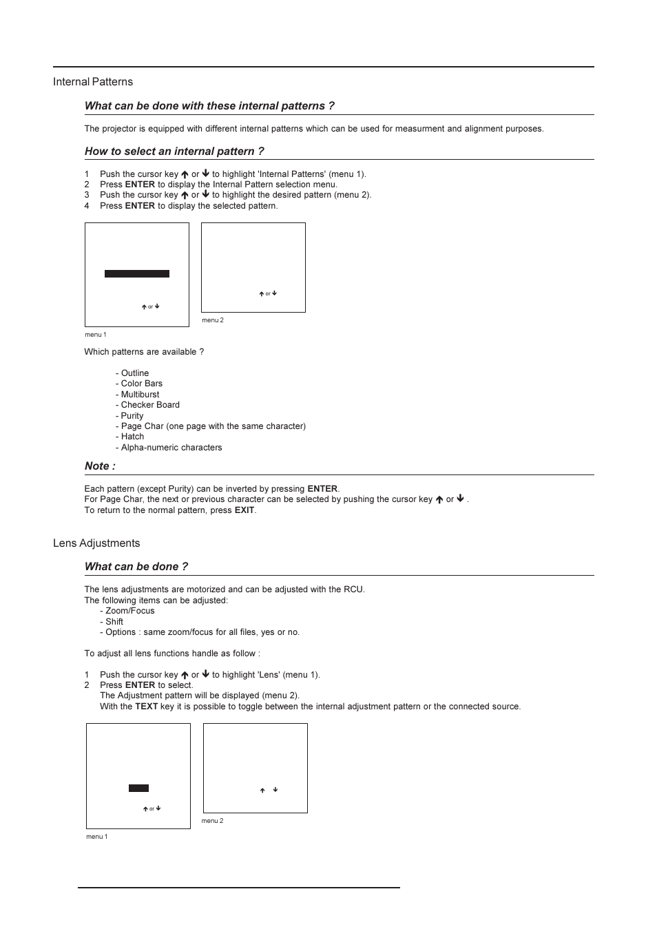 Installation mode, Lens adjustments what can be done, How to select an internal pattern | Barco R9002790 User Manual | Page 63 / 83