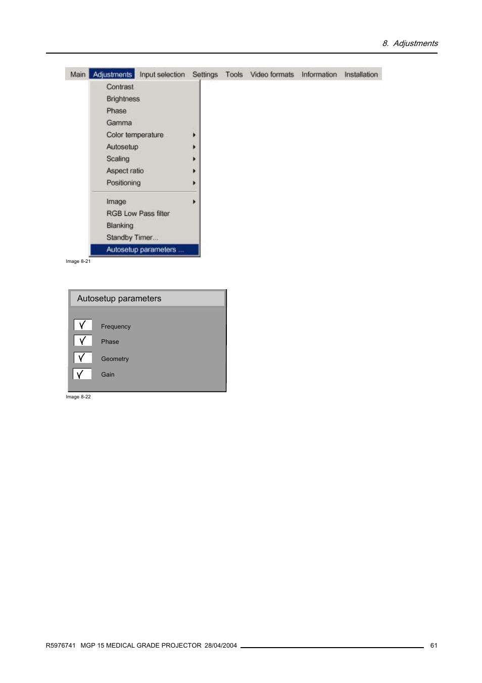Autosetup parameters, Adjustments | Barco R9003110 User Manual | Page 65 / 134