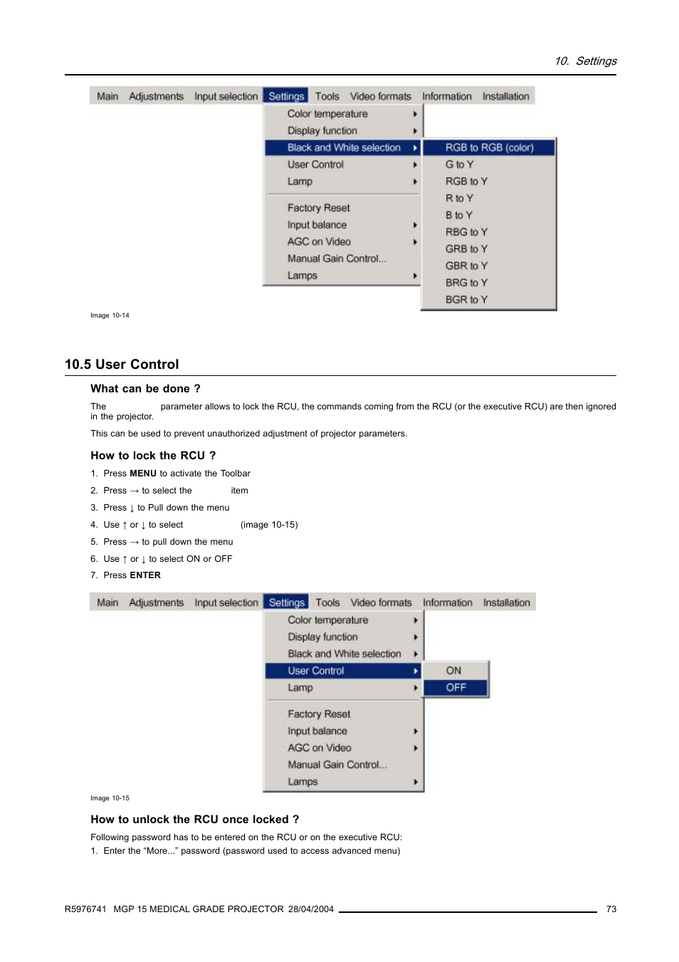5 user control, User control | Barco R9003110 User Manual | Page 77 / 134