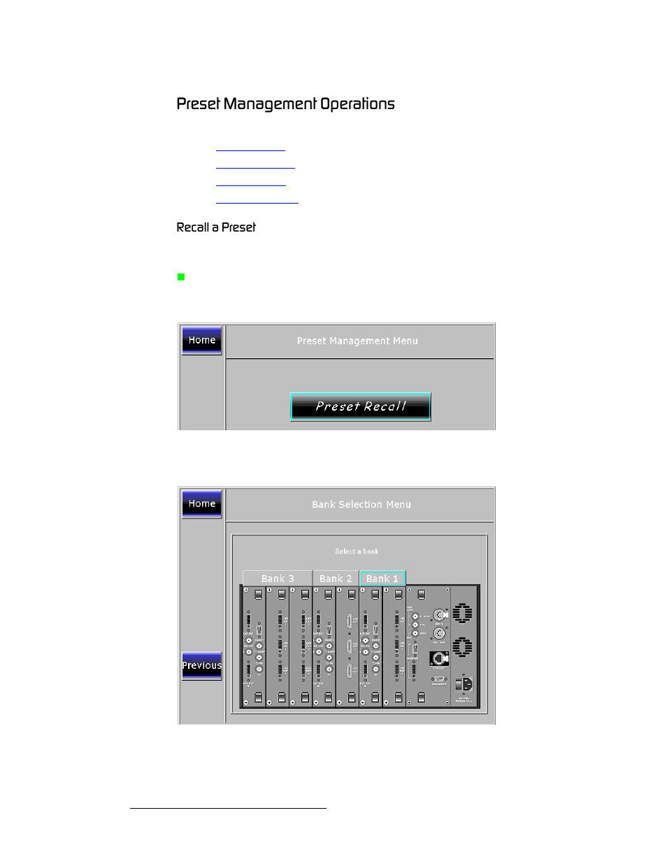 Preset management operations, Recall a preset, Preset management | Operations, Section, Mêéëéí=j~е~цйгйен=lééê~нбзел, Oйе~дд=~=mêéëéí | Barco DX-700 User Manual | Page 104 / 230