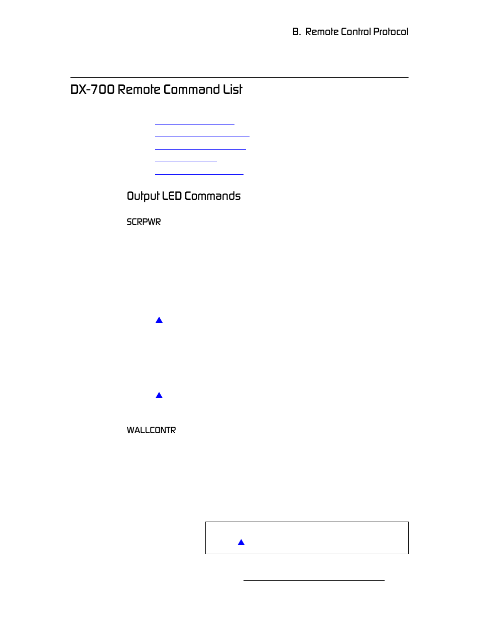 Dx-700 remote command list, Output led commands, Scrpwr | Wallcontr, Scrpwr wallcontr, Dx-700 remote, Command list, Sect, Aujtmm=oéãçíé=`згг~ез=iáëí, Lìíéìí=iba=`згг~езл | Barco DX-700 User Manual | Page 191 / 230
