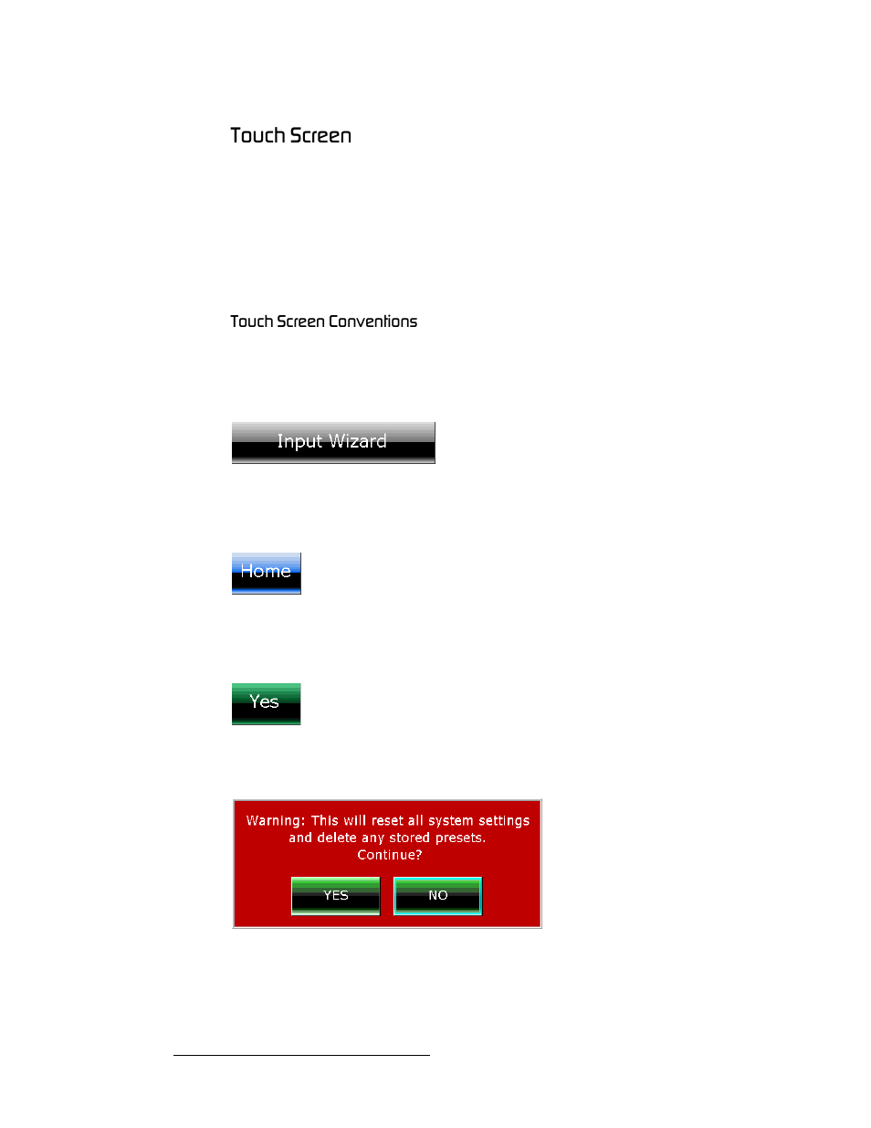 Touch screen, Touch screen conventions, Sect | Qçìåü=påêééå, Qçìåü=påêééå=`зеойенбзел | Barco DX-700 User Manual | Page 36 / 230