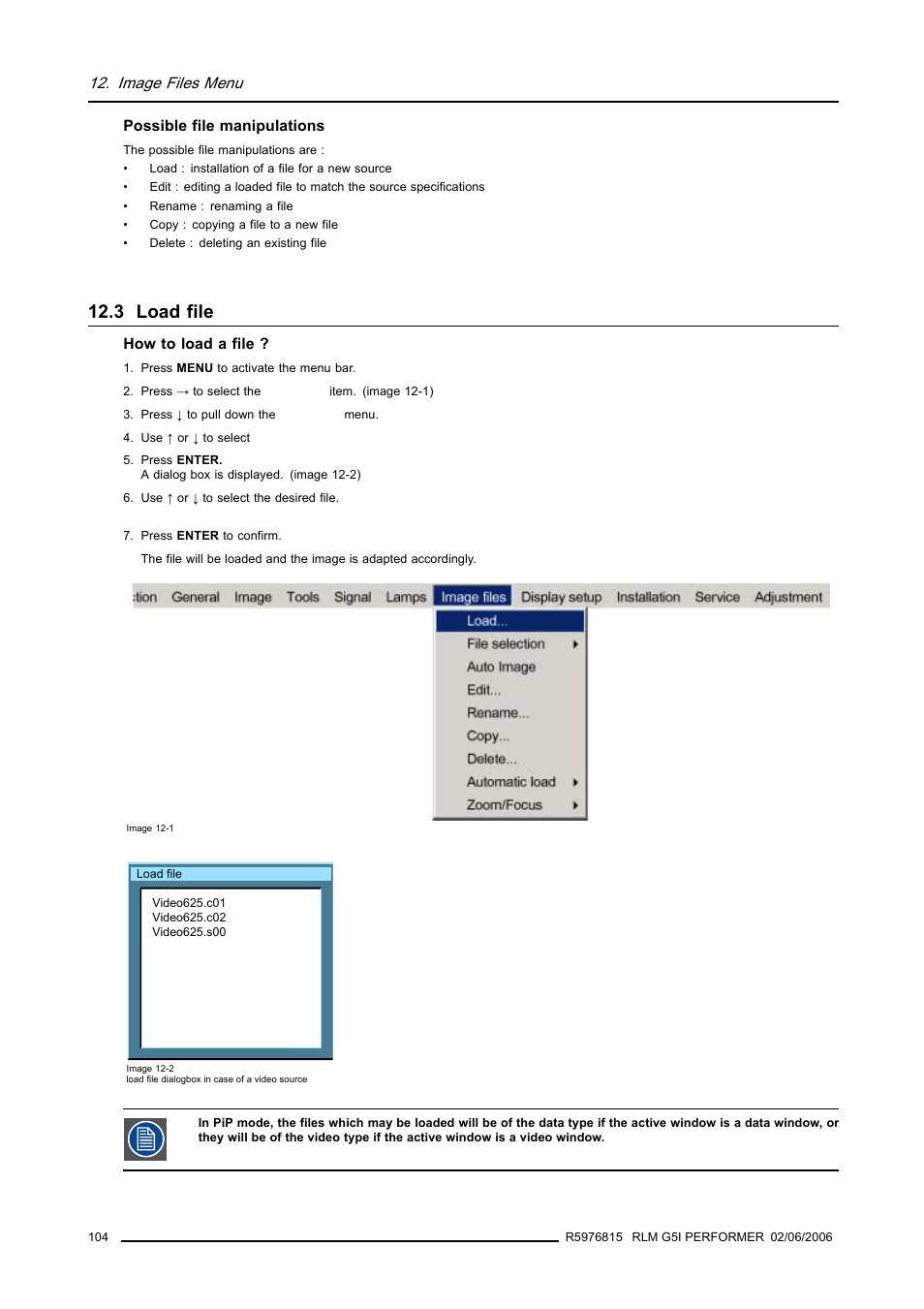 3 load file, Load file, Image files menu | Barco RLM G5I PERFORMER R9010320 User Manual | Page 106 / 150