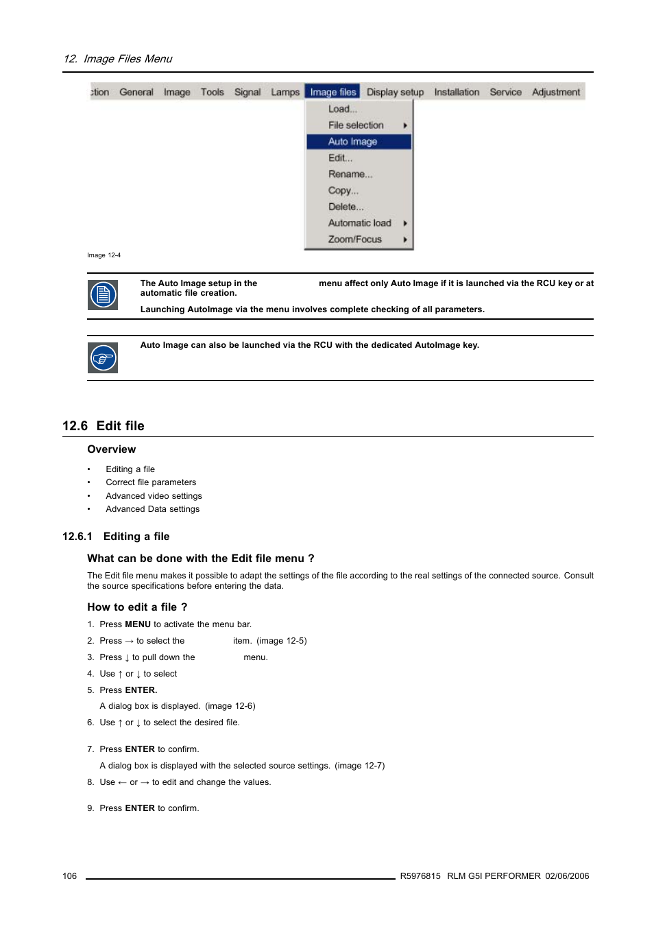 6 edit file, 1 editing a file, Edit file | Barco RLM G5I PERFORMER R9010320 User Manual | Page 108 / 150