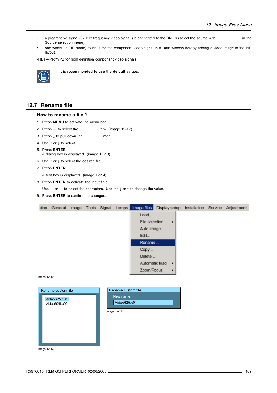 7 rename file, Rename file, Image files menu | Barco RLM G5I PERFORMER R9010320 User Manual | Page 111 / 150