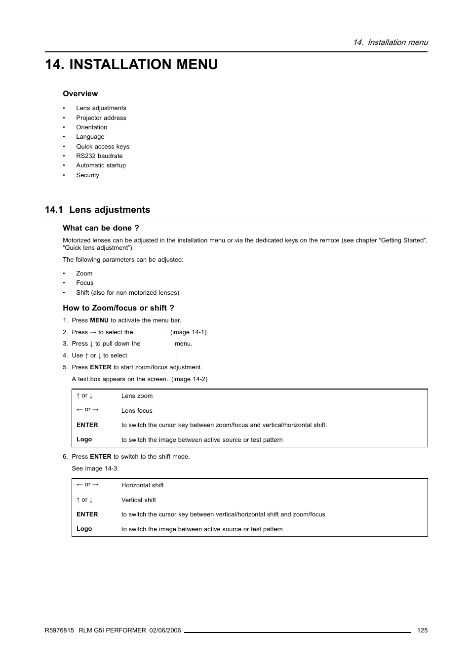 Installation menu, 1 lens adjustments | Barco RLM G5I PERFORMER R9010320 User Manual | Page 127 / 150