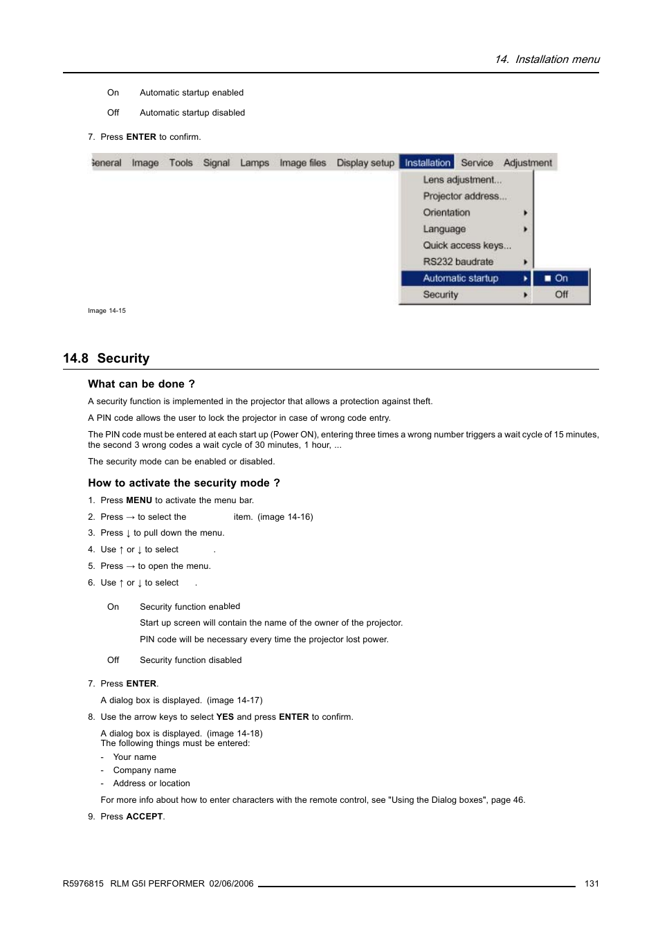 8 security, Security, Installation menu | Barco RLM G5I PERFORMER R9010320 User Manual | Page 133 / 150