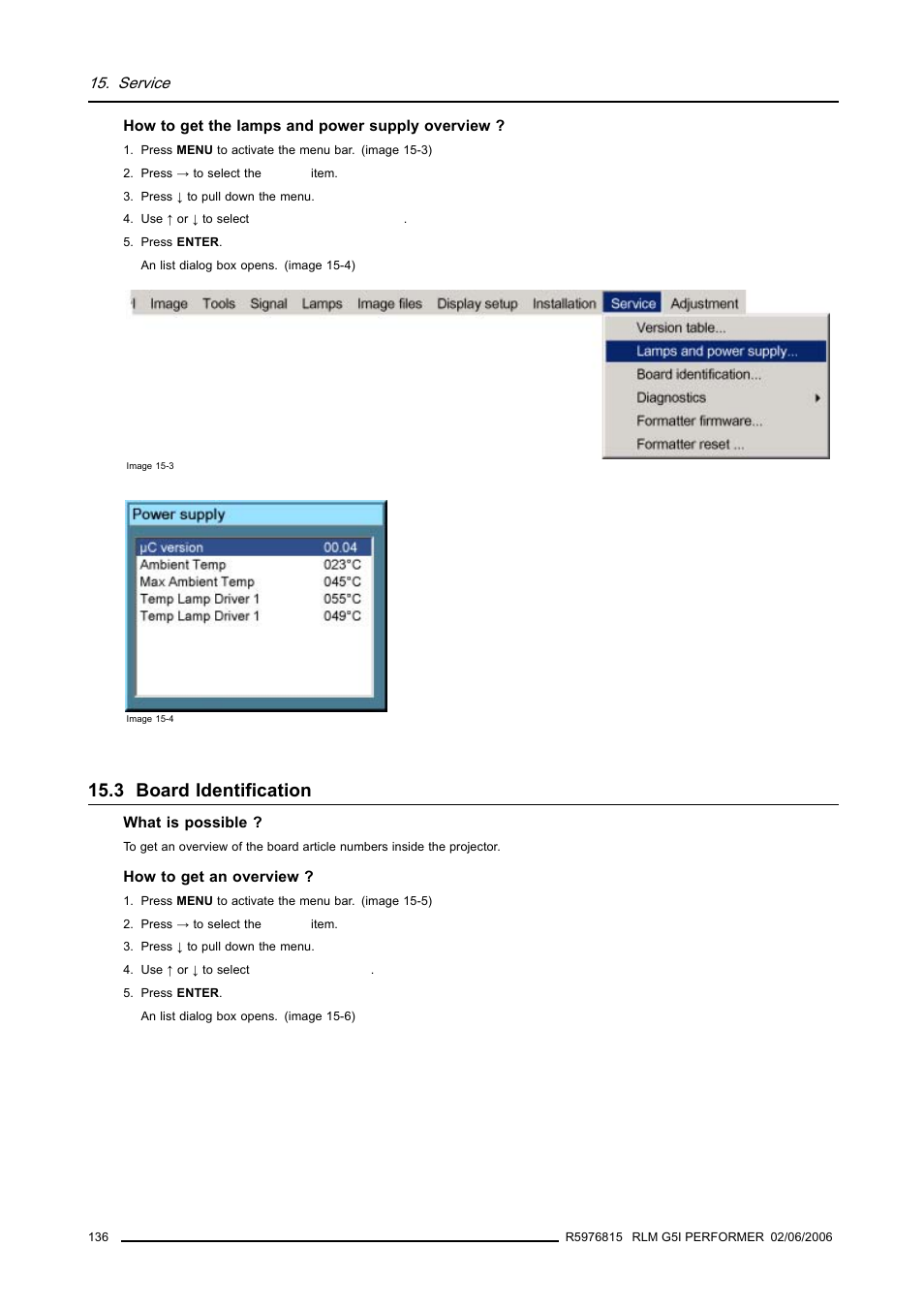 3 board identification, Board identification | Barco RLM G5I PERFORMER R9010320 User Manual | Page 138 / 150