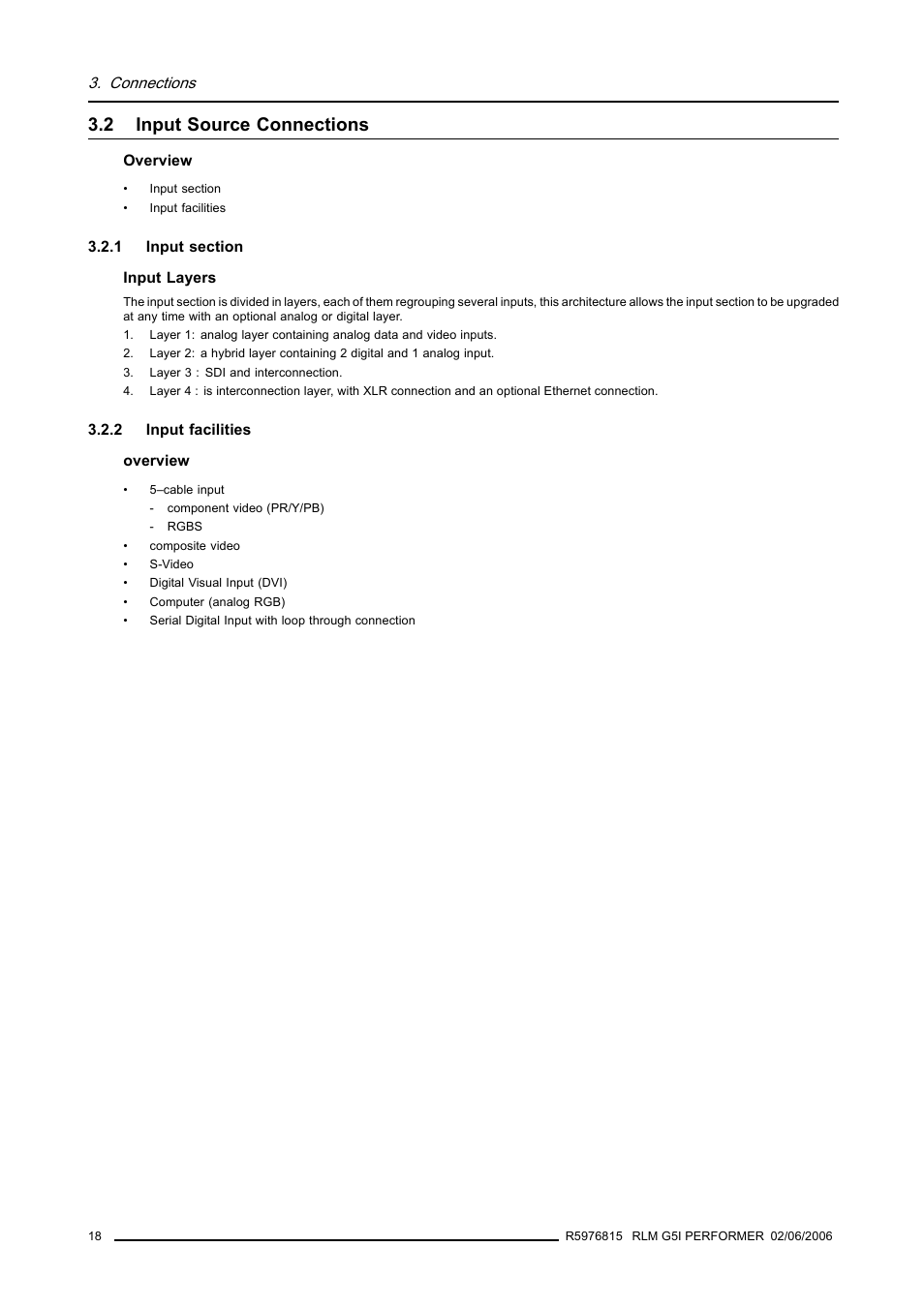 2 input source connections, 1 input section, 2 input facilities | Input source connections | Barco RLM G5I PERFORMER R9010320 User Manual | Page 20 / 150