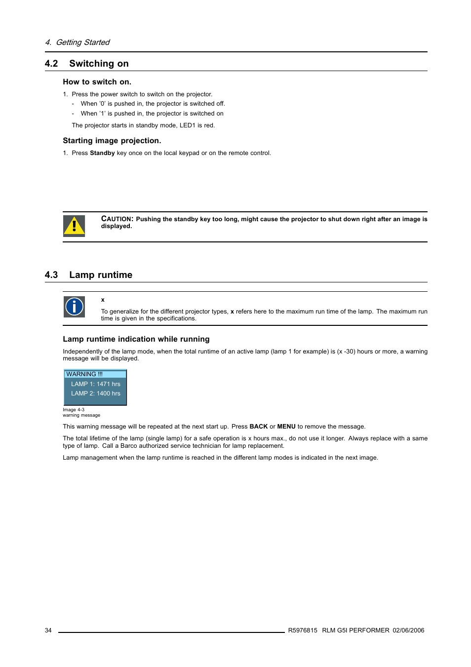 2 switching on, 3 lamp runtime, Switching on | Lamp runtime | Barco RLM G5I PERFORMER R9010320 User Manual | Page 36 / 150