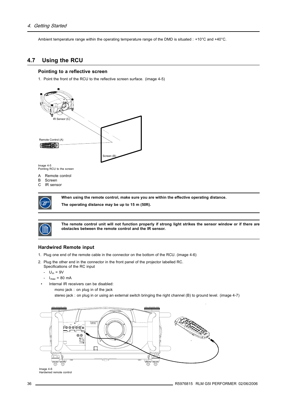 7 using the rcu, Using the rcu | Barco RLM G5I PERFORMER R9010320 User Manual | Page 38 / 150