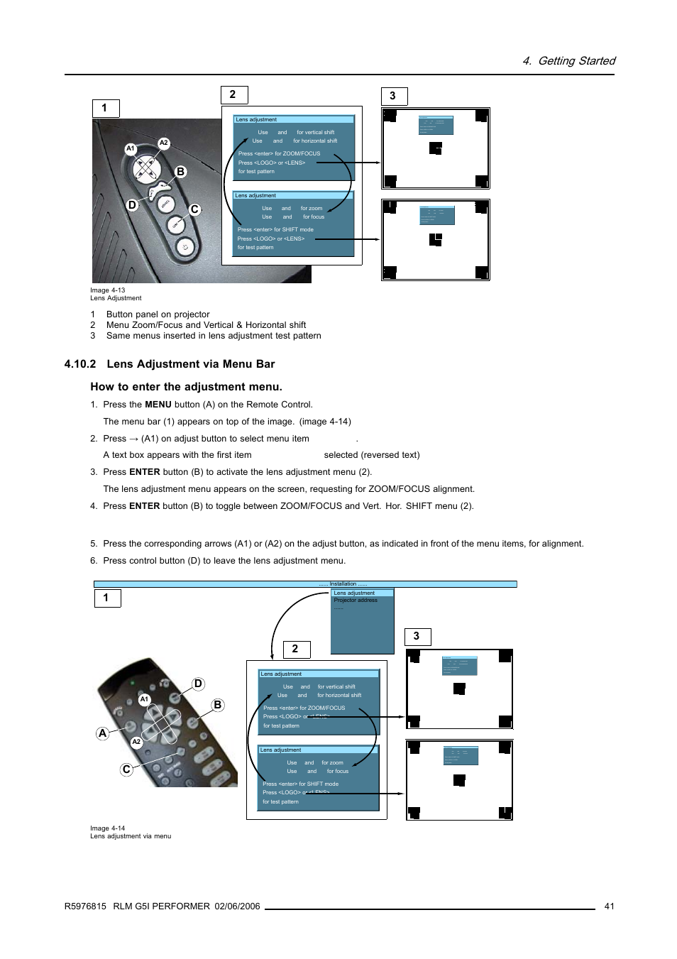 2 lens adjustment via menu bar, Lens adjustment via menu bar, Image 4-13) | Getting started, Bc d, Bc 3 | Barco RLM G5I PERFORMER R9010320 User Manual | Page 43 / 150