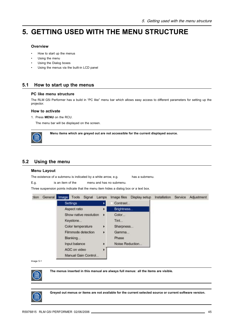 Getting used with the menu structure, 1 how to start up the menus, 2 using the menu | Barco RLM G5I PERFORMER R9010320 User Manual | Page 47 / 150