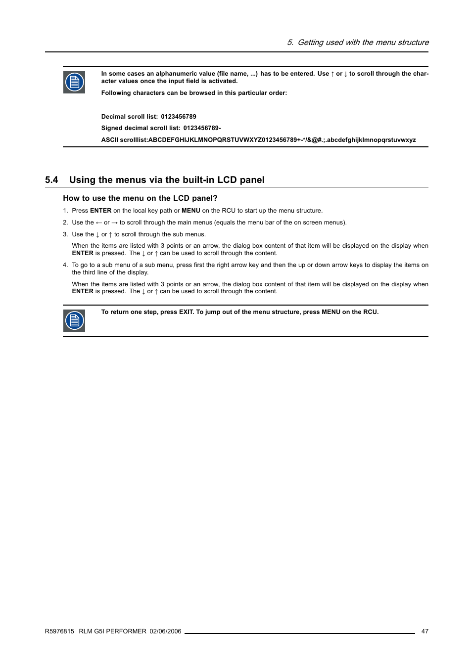 4 using the menus via the built-in lcd panel, Using the menus via the built-in lcd panel | Barco RLM G5I PERFORMER R9010320 User Manual | Page 49 / 150