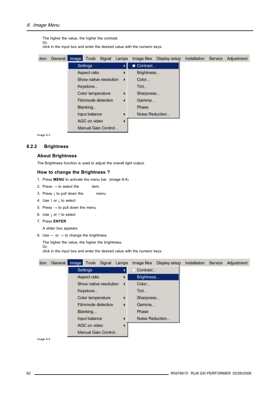 2 brightness, Brightness, Image 8-3) | Image menu | Barco RLM G5I PERFORMER R9010320 User Manual | Page 64 / 150