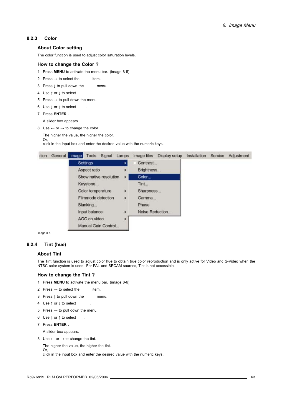 3 color, 4 tint (hue), Color | Tint (hue) | Barco RLM G5I PERFORMER R9010320 User Manual | Page 65 / 150