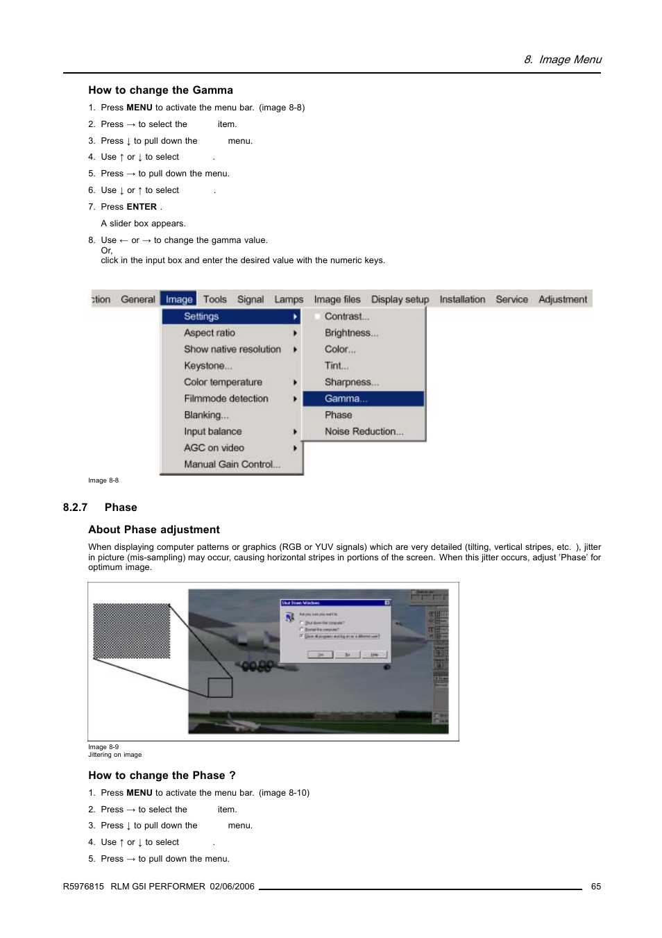 7 phase, Phase, Image menu | Barco RLM G5I PERFORMER R9010320 User Manual | Page 67 / 150