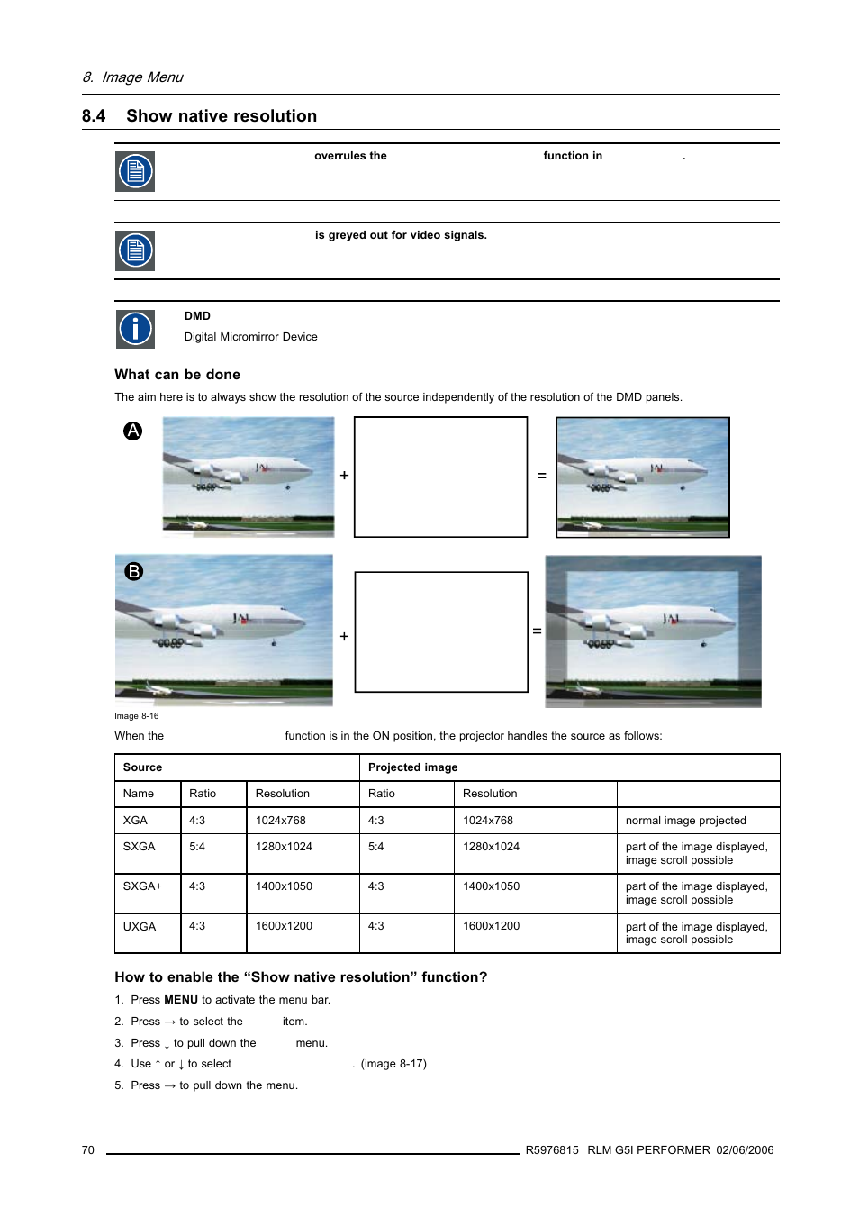 4 show native resolution, Show native resolution, Image menu | Barco RLM G5I PERFORMER R9010320 User Manual | Page 72 / 150