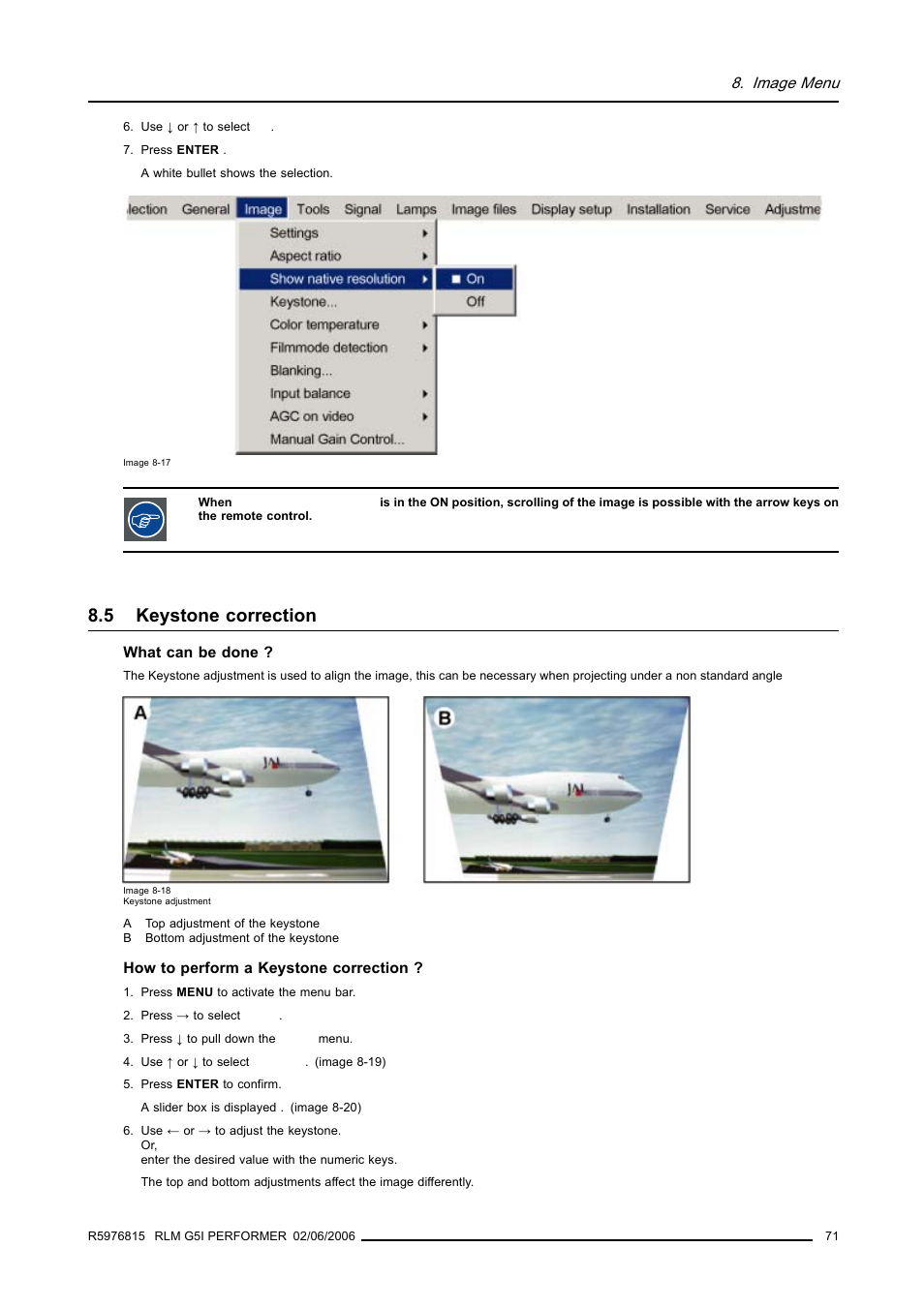 5 keystone correction, Keystone correction | Barco RLM G5I PERFORMER R9010320 User Manual | Page 73 / 150