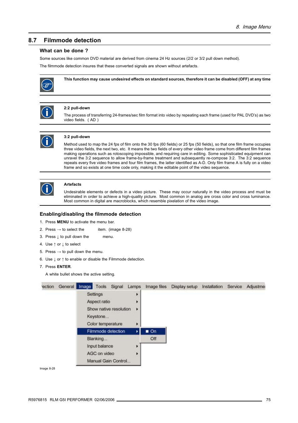 7 filmmode detection, Filmmode detection | Barco RLM G5I PERFORMER R9010320 User Manual | Page 77 / 150