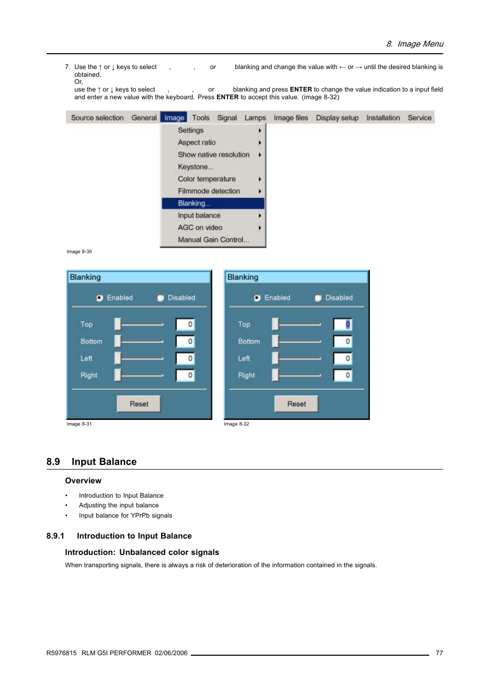 9 input balance, 1 introduction to input balance, Input balance | Barco RLM G5I PERFORMER R9010320 User Manual | Page 79 / 150