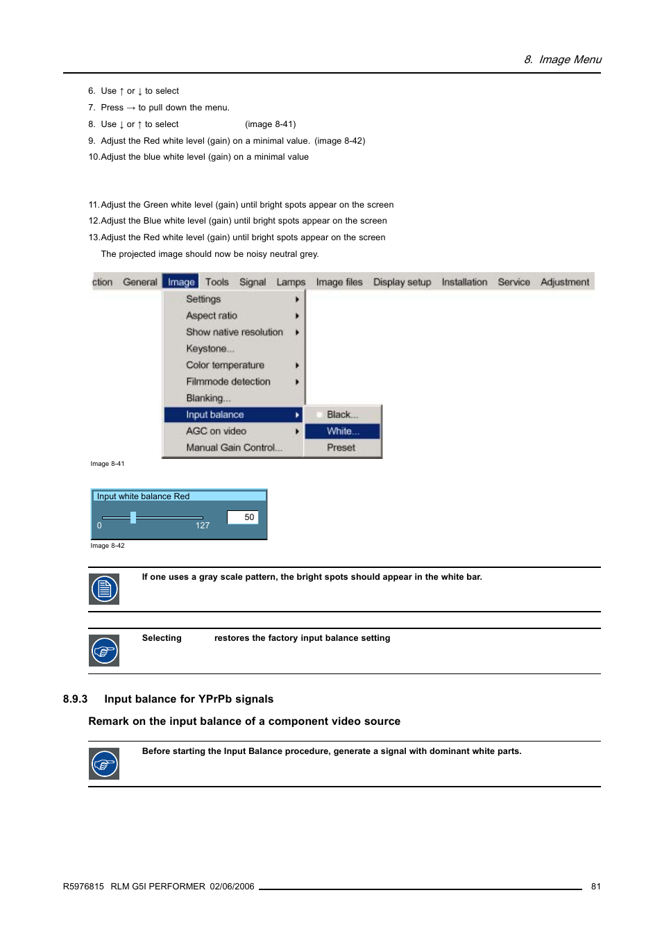 3 input balance for yprpb signals, Input balance for yprpb signals, Image menu | Barco RLM G5I PERFORMER R9010320 User Manual | Page 83 / 150