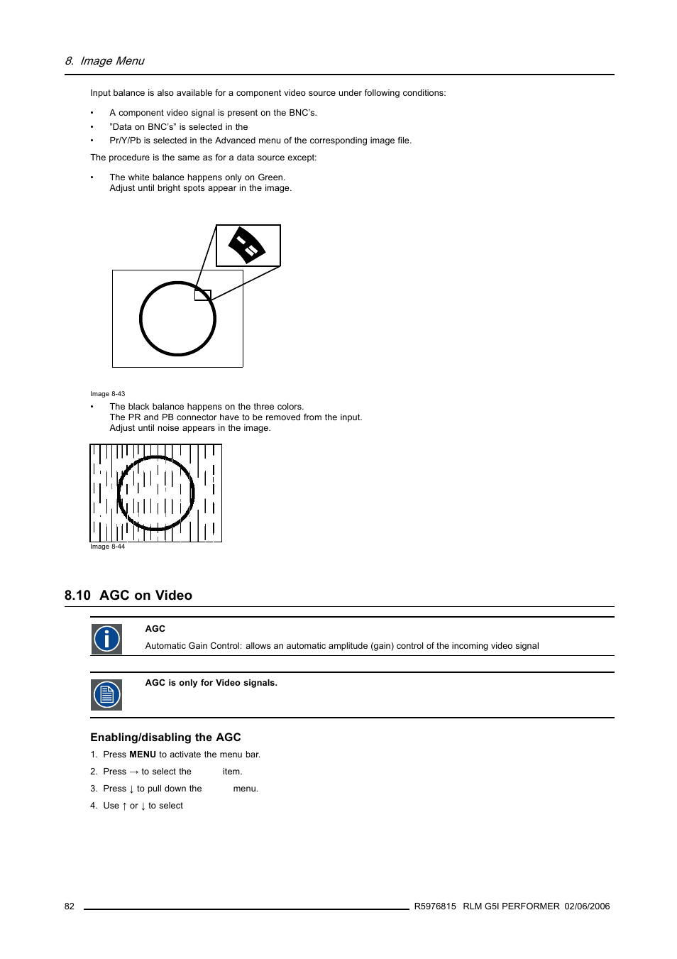 10 agc on video, Agc on video, Image menu | Barco RLM G5I PERFORMER R9010320 User Manual | Page 84 / 150