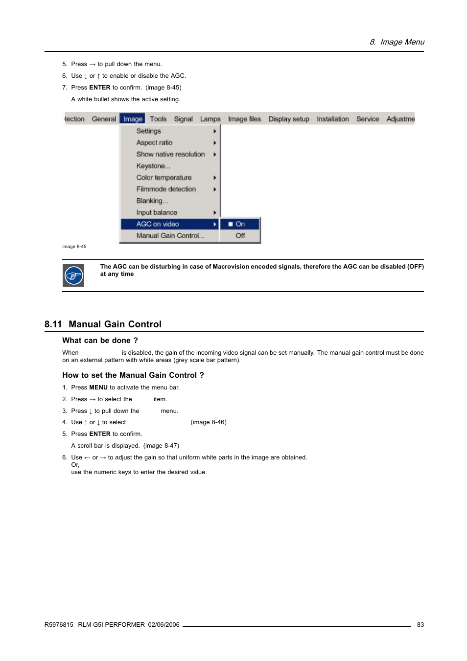 11 manual gain control, Manual gain control | Barco RLM G5I PERFORMER R9010320 User Manual | Page 85 / 150