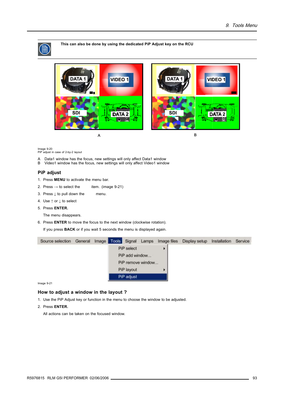 Tools menu | Barco RLM G5I PERFORMER R9010320 User Manual | Page 95 / 150