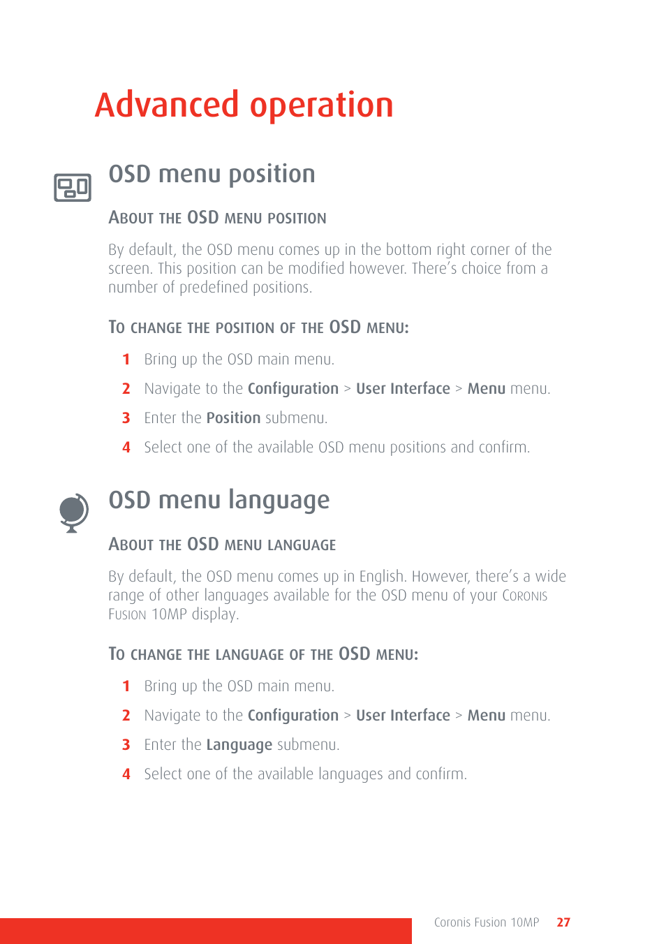 Advanced operation, Osd menu position, Osd menu language | Osd menu position osd menu language | Barco Coronis Fusion 10MP User Manual | Page 27 / 80