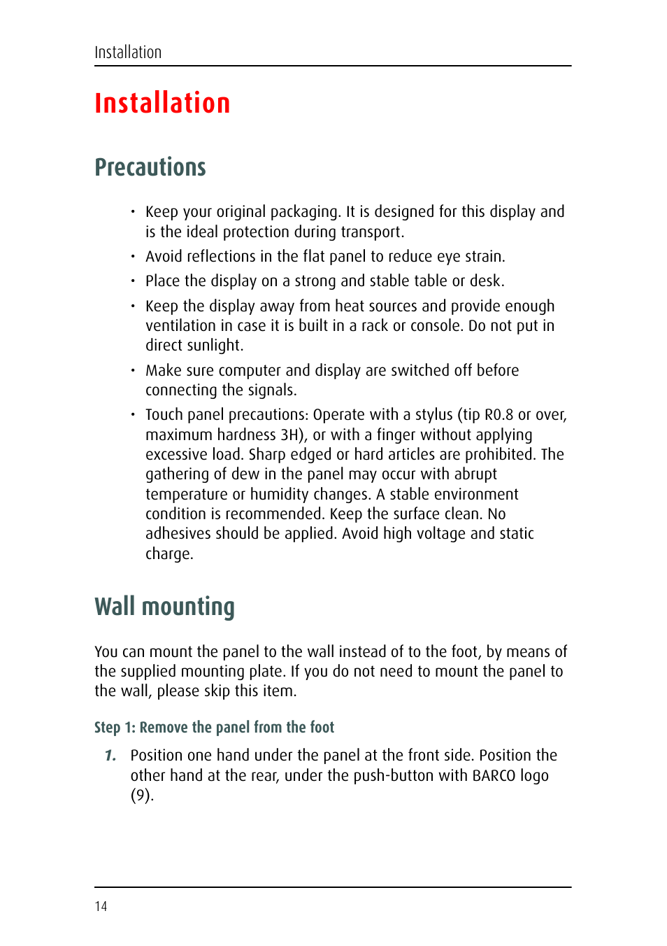 Installation, Precautions, Wall mounting | Precautions wall mounting | Barco MFCD 1219 User Manual | Page 14 / 31